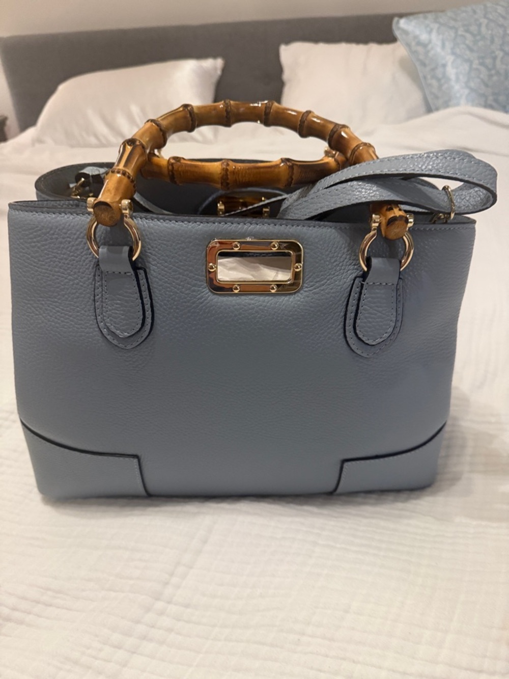 Women's Bamboo-Handle Satchel Bag in Light Blue